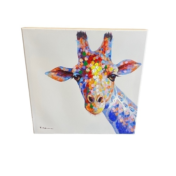 Colorful Giraffe Painting Print on Wrapped Canvas Pure White Background - Picture 1 of 11